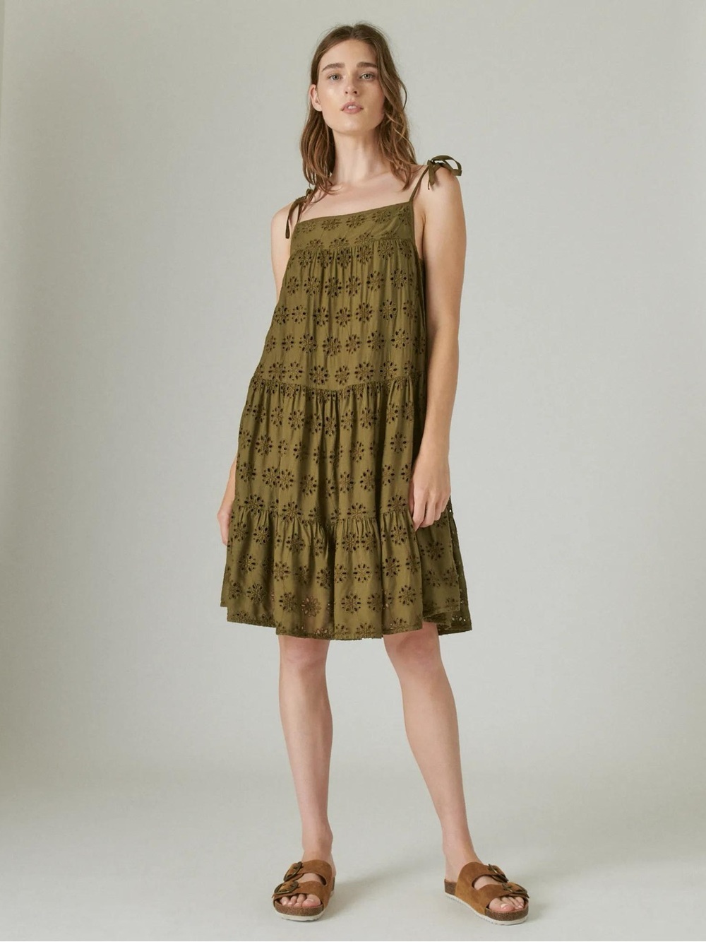 NWT Lucky Brand Olive Eyelet Tiered Cami Dress with Spaghetti Straps